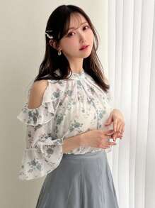 FRIFUL Women Cold-Shoulder Pleated Floral Print Shirt For Summer,Ruffle
