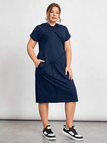 SHEIN Essnce Women Plus Size Loose Fit Casual Hooded Short Sleeve Patchwork Dress With Stitching Design - Navy Blue - View 5