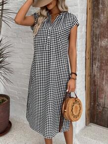 EMERY ROSE Women Loose Short Sleeve Plaid V-Neck Shirt Dress Summer Dress