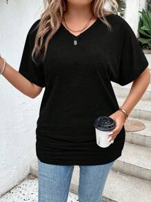 SHEIN LUNE Áo thun nữ tay ngắn cổ chữ V màu trơn mùa hè Plus Size - màu đen - Xem 4