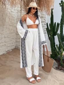 RueChic Drop Shoulder Kimono With Contrast Geo Band & Pants, Fringes - White - View 4