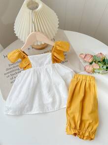 SHEIN Young Girl Weaving Color Contrasting Ruffle Trim Square Neck Loose Casual Shirt With Weaving Solid Color Shorts 2-Piece Set