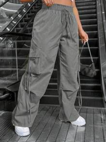 Flirla Pantalones de calle del estilo del herraje unicolor de talla extra con cinturones colgantes - Gris - Ver 1