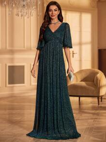 Rochie formala cu maneca scurta cu decolteu in V - Verde inchis - Vizualizare 3