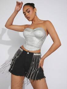 Denimoi Rhinestone Fringe Ripped Denim Shorts - Black - View 4