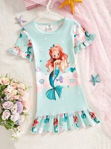 Pijama de noche con estampado de sirena verde lindo para niñas jóvenes, para uso en casa - Verde - Ver 1