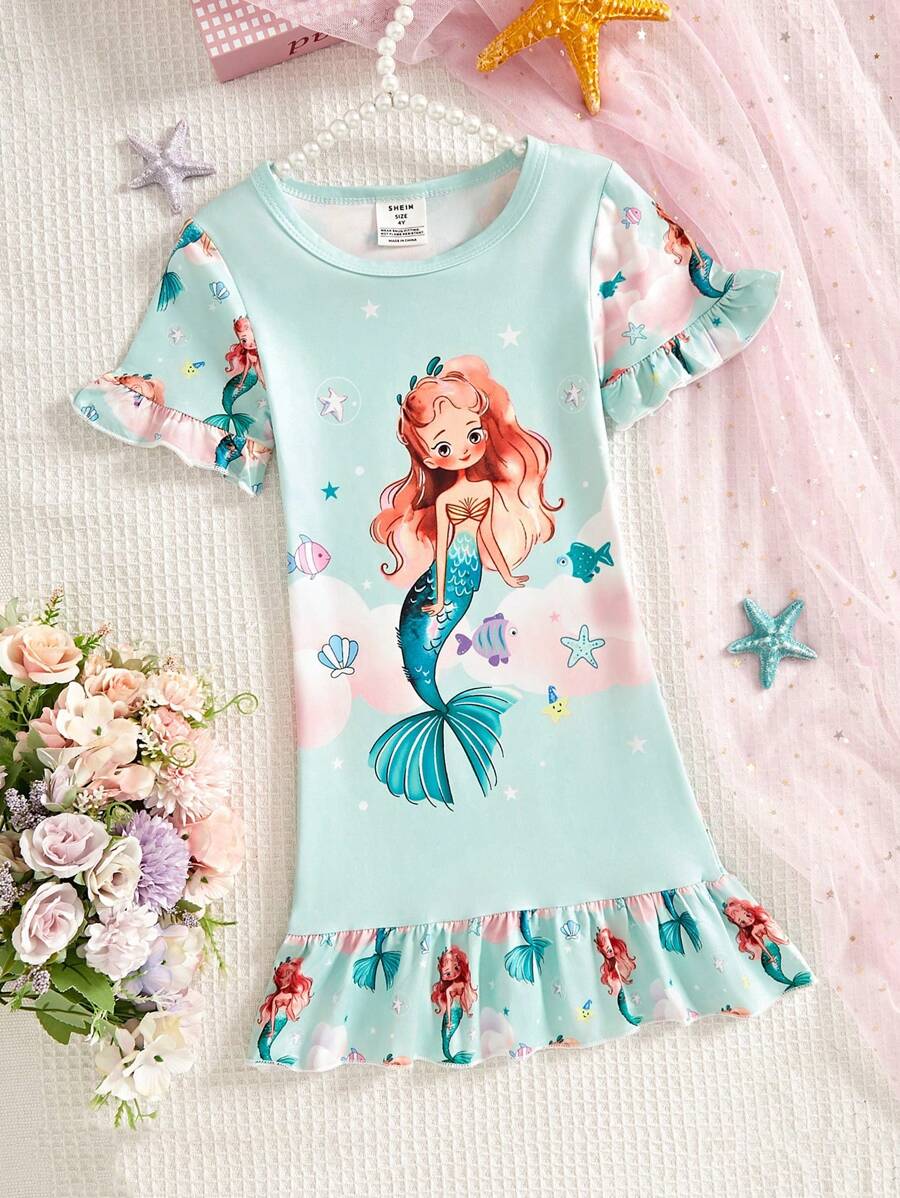Pijama de noche con estampado de sirena verde lindo para niñas jóvenes, para uso en casa - Verde - Ver 1