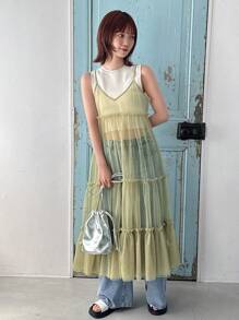 FRIFUL 网眼荷叶边下摆透视夏季休闲连衣裙太阳裙 - 橄欖綠 - 查看 3