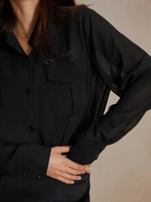 Anewsta Áo sơ mi chống nắng lưới Sheer siêu mỏng gợi cảm với thiết kế chắp vá - màu đen - Xem 7
