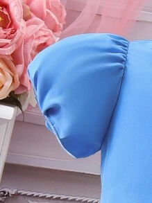 SHEIN Młoda dziewczyna błyszcząca sukienka w kształcie motyla z okrągłym dekoltem i dekoracją z kokardką na lato - Niebieski - Zobacz 4