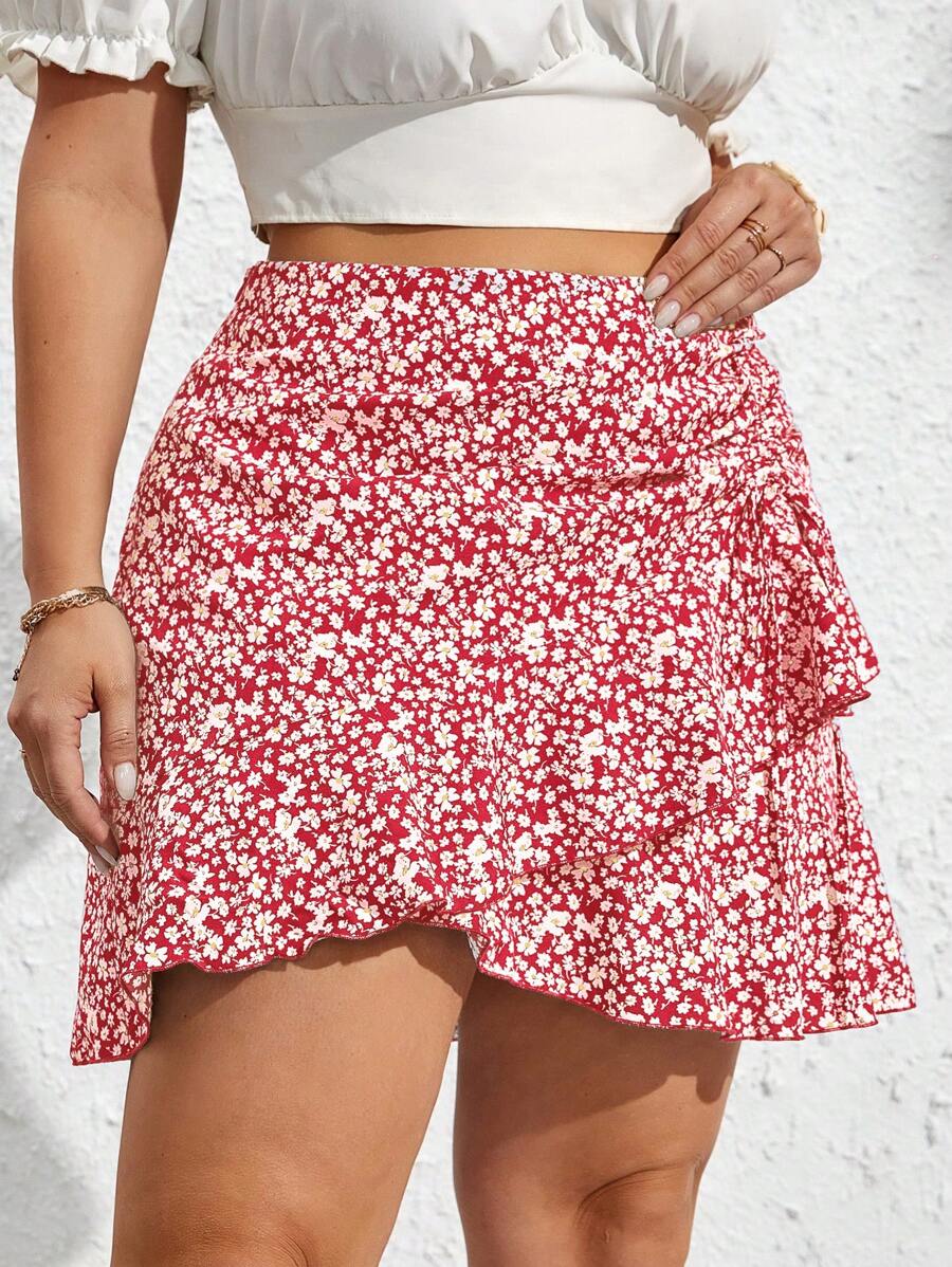 SHEIN VCAY 大尺碼女性時尚不對稱小花裙 - 紅色 - 查看 1