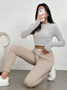 RueChic Drawstring Waist Slant Pocket Sweatpants - Beige - View 3
