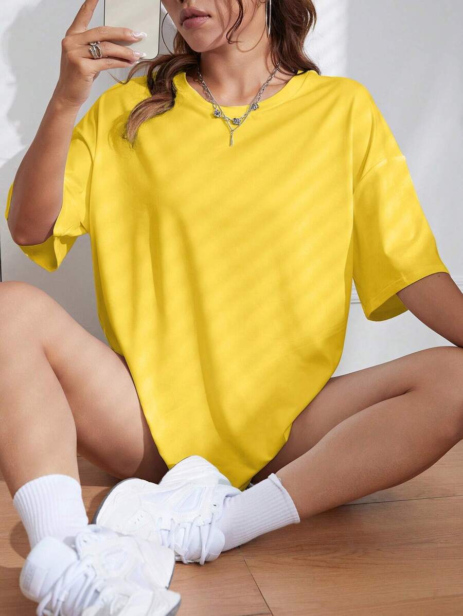 INAWLY Women Solid Color Casual Short Sleeve T-Shirt For Everyday Wear In Spring And Summer - Yellow - View 1