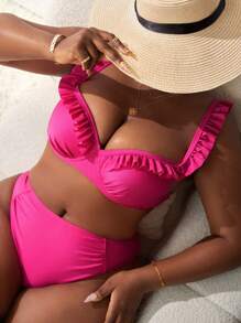 SHEIN Swim Curve Zomerstrand Dames Effen Kleur Grote Maat Bikini Set Met Ruches Decoratie