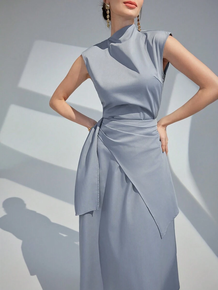 Modelyn 优雅休闲无袖上衣和百褶裙两件套，优雅晚会礼服 - 霧霾藍 - 查看 1