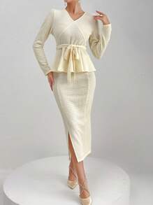 Modelyn Mujeres elegantes y encantadoras camisa de manga larga con cuello en V ajustada y falda con abertura lateral para la primavera y el verano