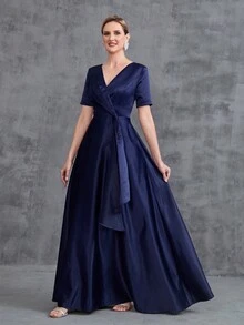 Abito da sera lungo in raso con scollo a V, abito elegante per la madre della sposa - Blu Navy - Visualizzare 4