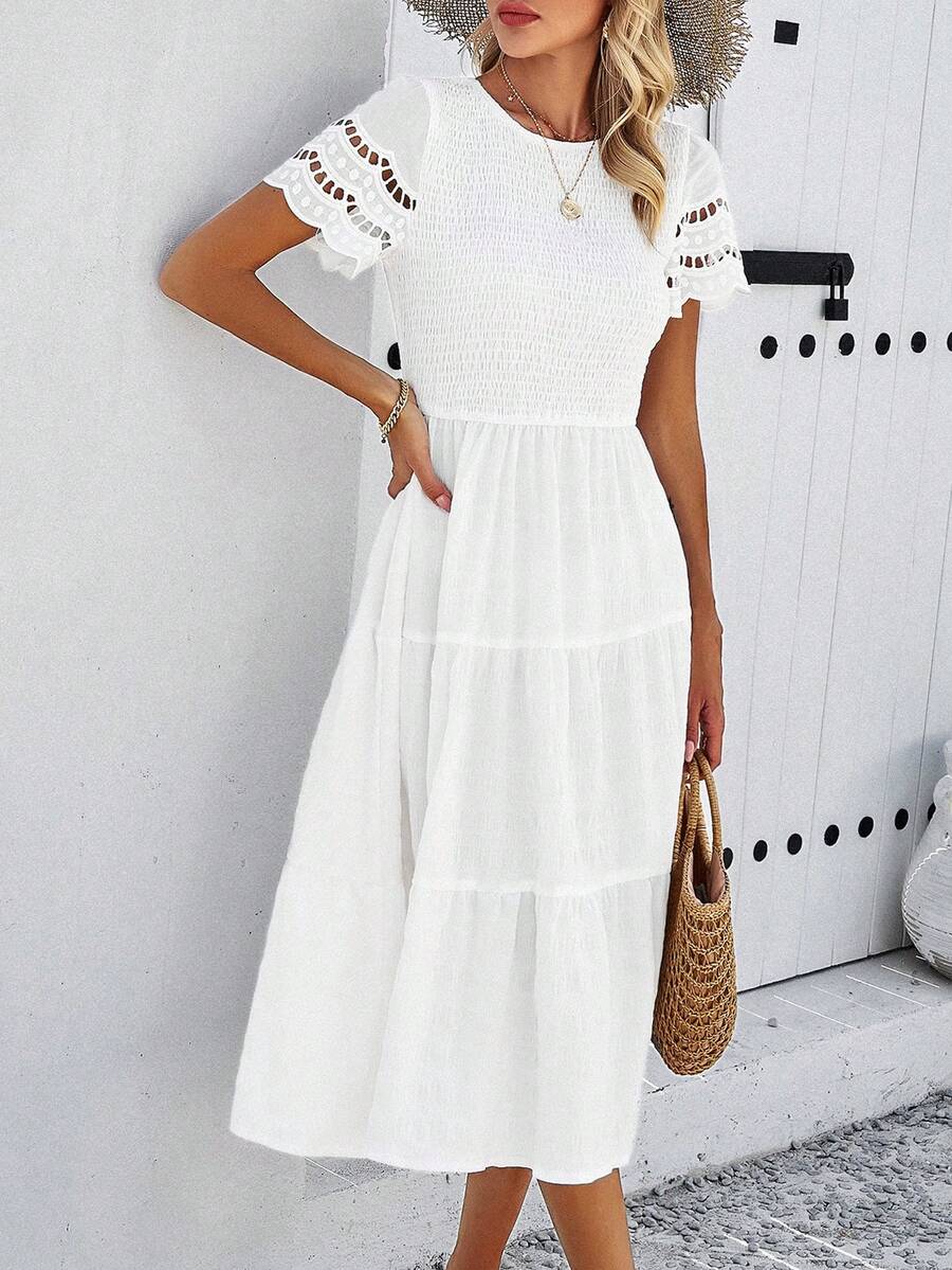 Xuân Hè 2024 Ngoại Thương Màu Trơn Ve Áo Rỗng Ra Đầm - trắng - Xem 1