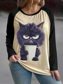 SHEIN LUNE 大码猫咪印花拼色插肩袖 T 恤图案 T 恤女式上衣 - 彩色 - 查看 3