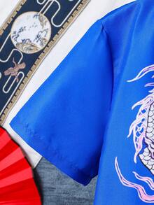 Teen Boy Short Sleeve Dragon Printed Shirt, Suitable For Summer - Blue - View 5