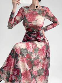 Modelyn Ladies' Floral Print Round Neck Long Sleeve Spring/Summer Dress Long Evening Dresses - Multicolor - View 6