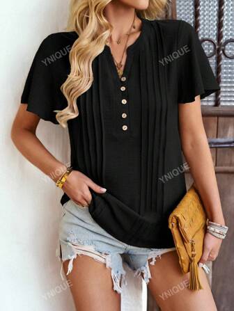 Solid Color Women V-Neck Loose Casual Short Sleeve Top For Spring/Summer 2024