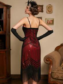 LVNES 1920s Sequin Beaded Fringed Flapper Dress Homecoming Party Gown - Red - View 2