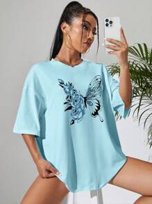 INAWLY Áo thun nữ cổ tròn tay ngắn in hình bướm, áo thun họa tiết cho nữ - Màu xanh lam - Xem 4