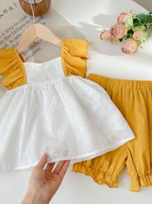 SHEIN Young Girl Weaving Color Contrasting Ruffle Trim Square Neck Loose Casual Shirt With Weaving Solid Color Shorts 2-Piece Set