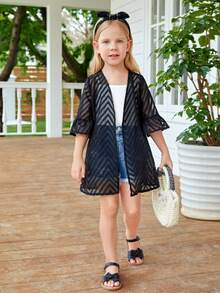 SHEIN Cô gái trẻ dệt áo len cardigan dáng rộng vừa vặn thông thường với mặt trước hở - màu đen - Xem 5