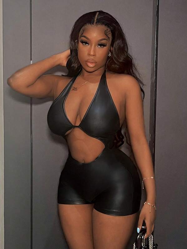 Slaydiva 2024 Sexy/Summer Music Festival/Rave Outfits/Rave Outfits Festival/Rave/Rave Outfit/Street/Streetwear For Women/Gyaru/Casual Tight Black PU Sexy Tight Jumpsuit With High Elasticity And Low Cut
