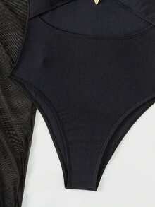 SHEIN Swim 女士實色細肩帶連體泳衣和防曬裙2入組 - 黑色 - 查看 4