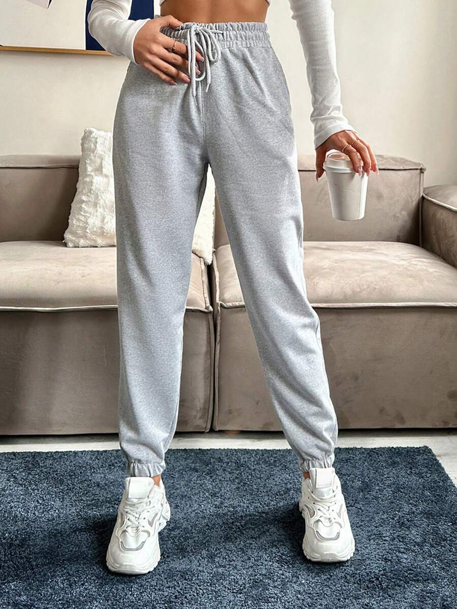 RueChic Drawstring Waist Slant Pocket Sweatpants - Grey - View 1