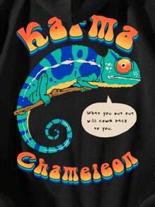 Vincenttrinidadart Stylish And Fun Lizard Print Letter Hooded Long Sleeve Zipper Sweatshirt For Street Wear - Black - View 3