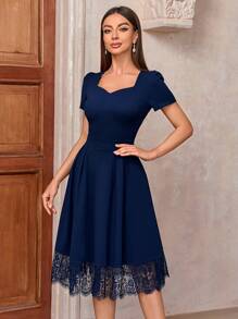 MIUSOL Sweetheart Neck Puff Sleeve Contrast Lace Dress - Navy Blue - View 6