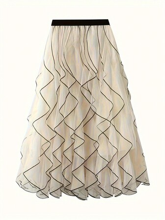 Women's Elastic Waist Side Seam Wave Mesh Elegant A-Line Skirt