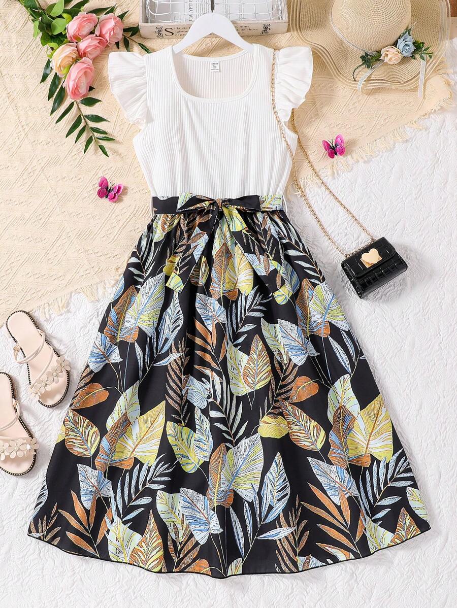 Teen Girl Elegant Belted Knitted Ribbed Striped Roundneck Long Print Dress - White - View 1