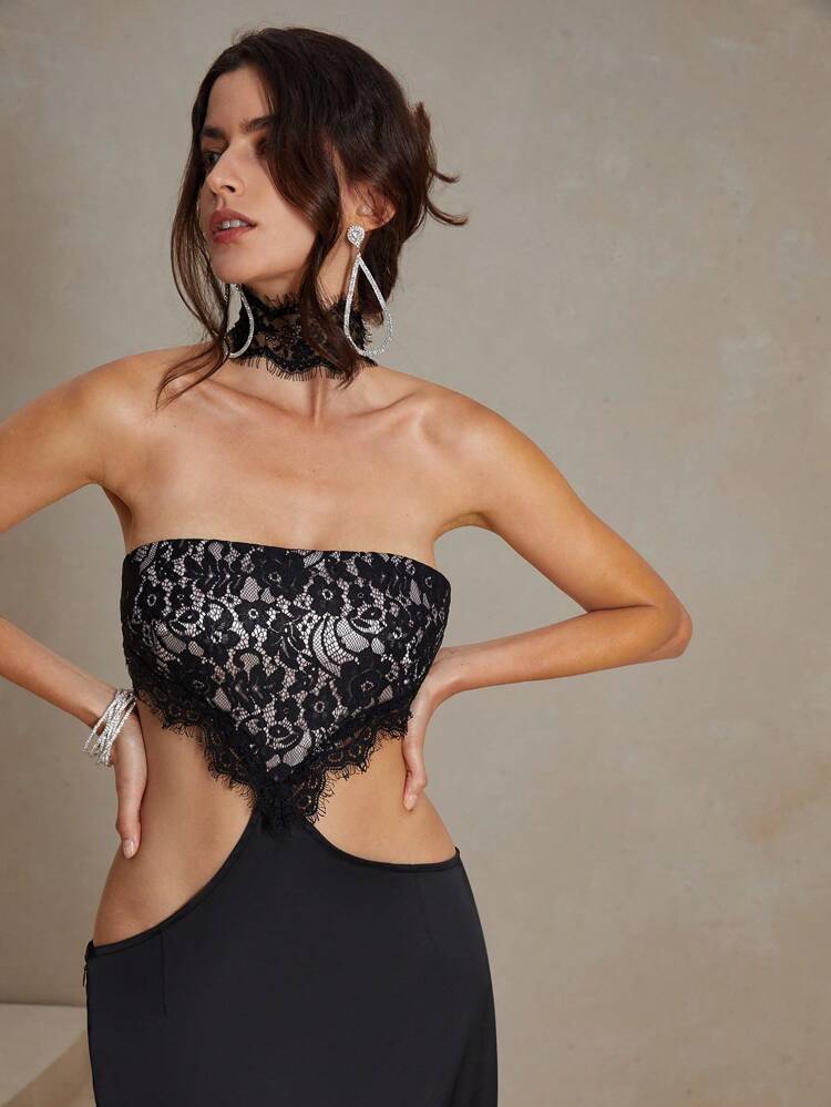 Hollow Out Lace Choker Neck Splicing Dress For The Waist