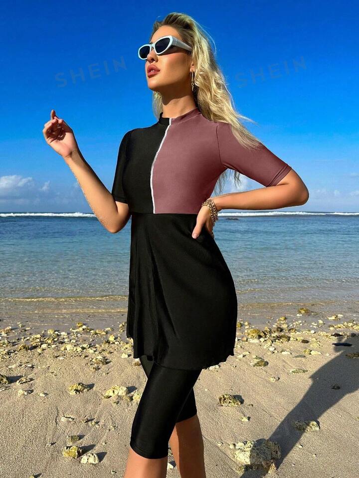 SHEIN Swim Mulvari Women Summer Beach Stand Collar Color Block Short Sleeve Burkini Set SHEIN