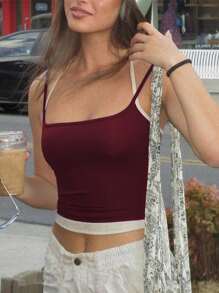 SHEIN 女士夏季色塊短款頸項上衣帶肩帶 - 酒紅色 - 查看 3