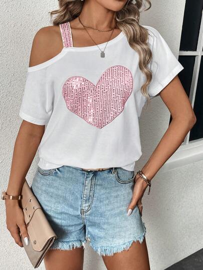 SHEIN LUNE Camiseta de mujer de verano con corazón brillante, cuello asimétrico y mangas cortas para uso casual