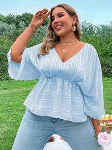 SHEIN LUNE Áo Sơ Mi Cổ Chữ V Thanh Lịch Plus Size - Màu xanh lam - Xem 3