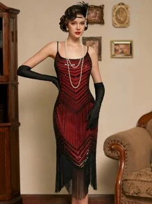 LVNES 1920s Sequin Beaded Fringed Flapper Dress Homecoming Party Gown - Red - View 3