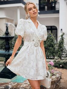 Simplee 女士短款提花泡泡袖梭织连衣裙，配腰带，适合派对、返校、生日等场合，夏季穿着