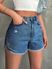 Women Casual Spring/Summer Frayed Edge Distressed Denim Shorts - Medium Wash - View 4