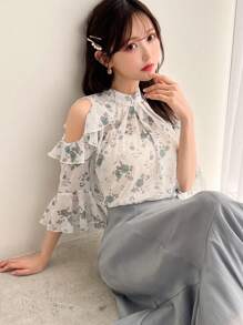 FRIFUL Women Cold-Shoulder Pleated Floral Print Shirt For Summer,Ruffle