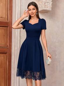 MIUSOL Sweetheart Neck Puff Sleeve Contrast Lace Dress - Navy Blue - View 5