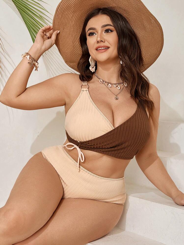 Women Colorblock Simple Plus Size Bikini Set Summer Beach