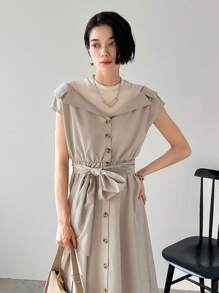 FRIFUL Women Cinched Waist Front Button Waist Cinched Dress Sundress, Casual Women Dresses Dress - Light Grey - View 4