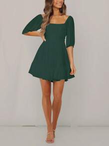 Square Neckline & Cinched Waist Simple And Fashionable Mid-Sleeve Summer Dress - Dark Green - View 1